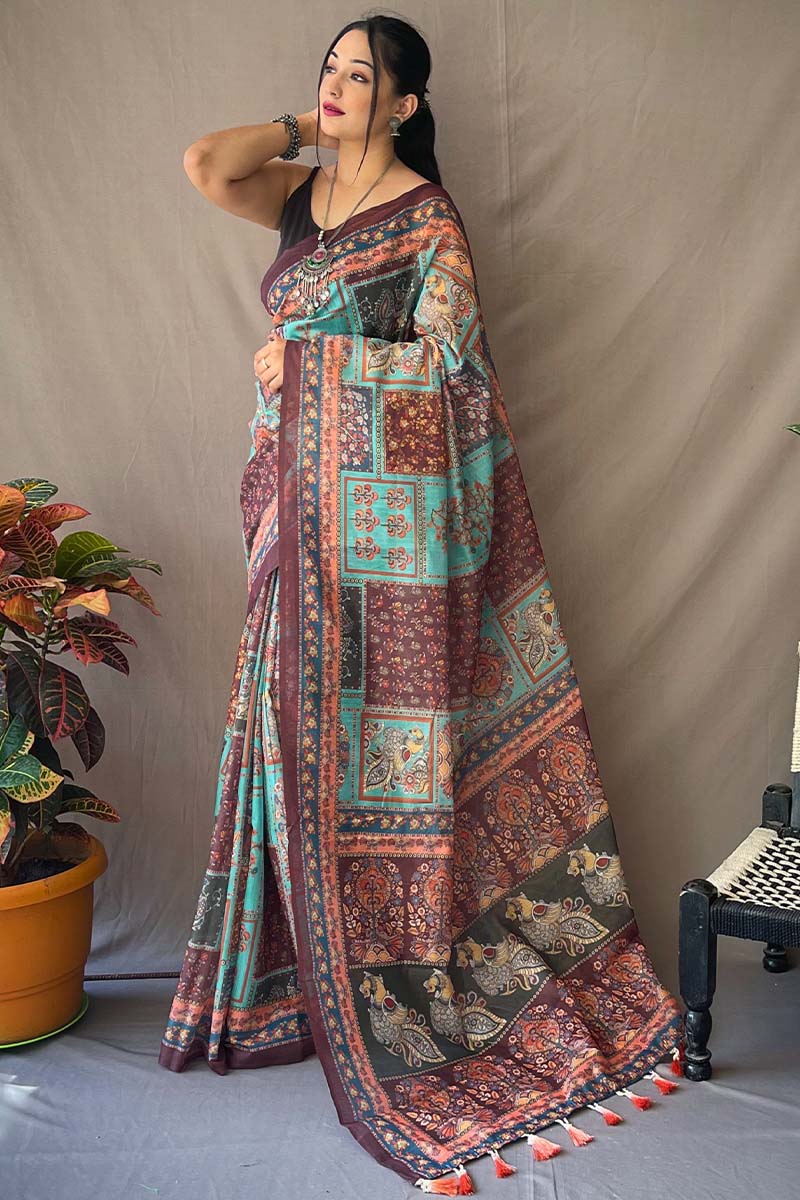 Moonstone Blue Kalamkari Printed Cotton Saree