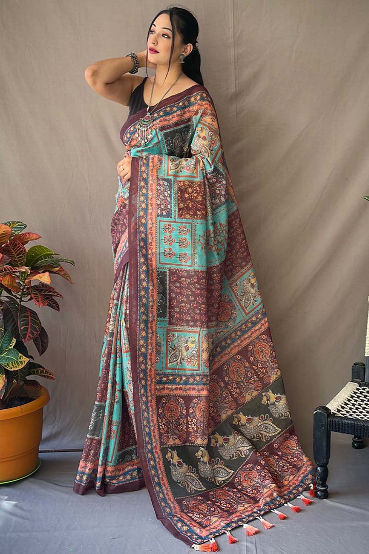 Moonstone Blue Kalamkari Printed Cotton Saree