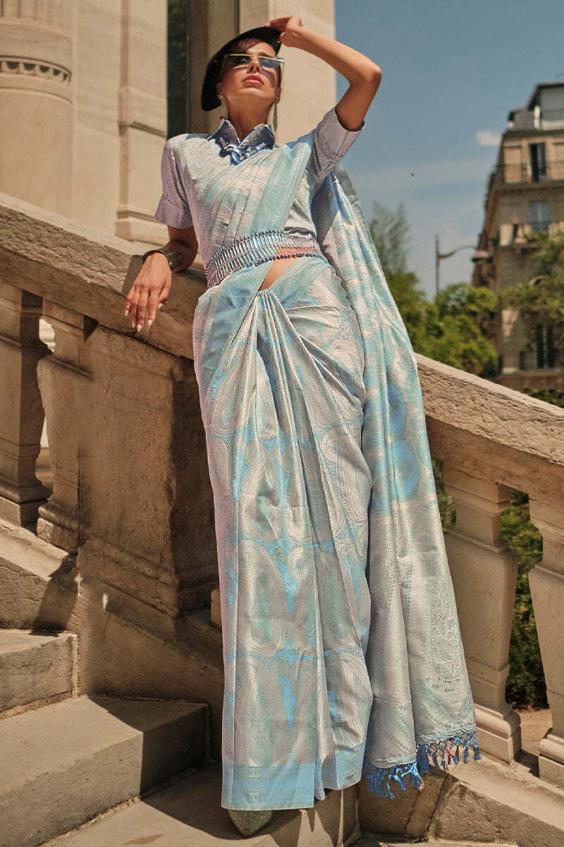 Moonstone Blue Kanjivaram Satin Silk Saree