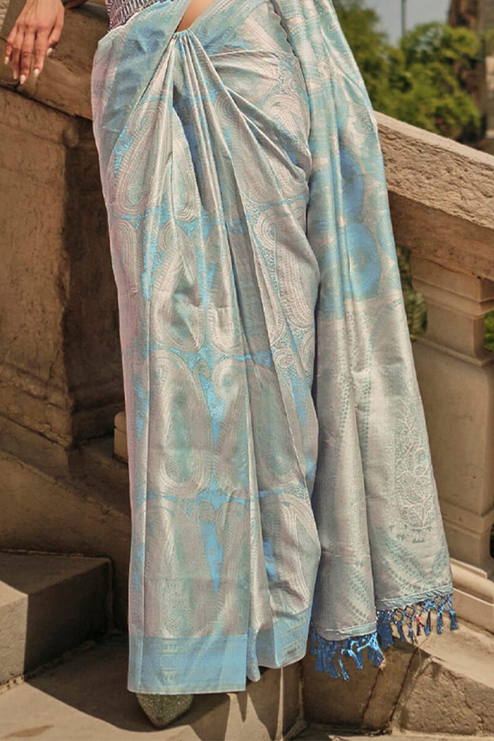 Moonstone Blue Kanjivaram Satin Silk Saree