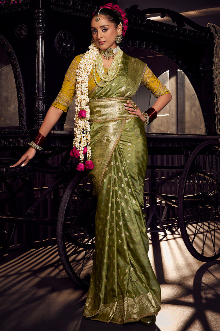 Muddy Green Pure Viscose Tissue Silk Hand Worked Saree