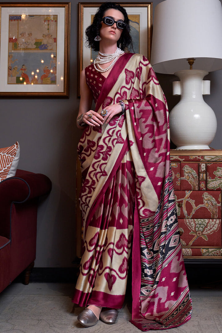 Mulberry Wine Patola Printed Satin Crepe Silk Saree