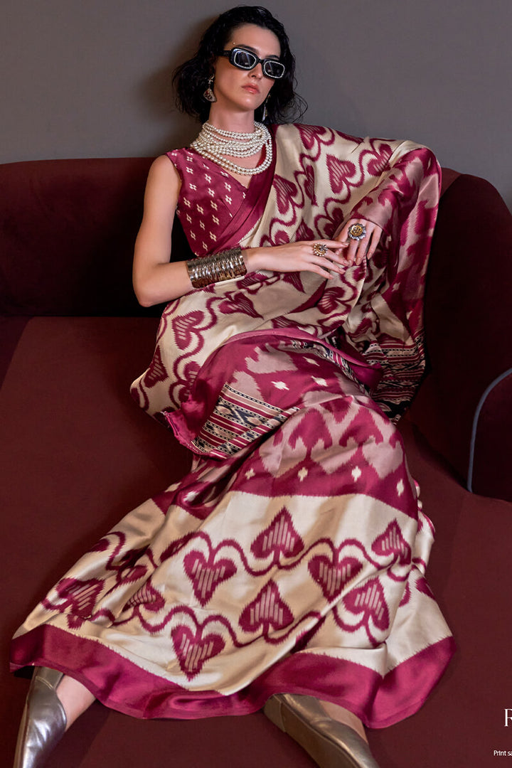 Mulberry Wine Patola Printed Satin Crepe Silk Saree