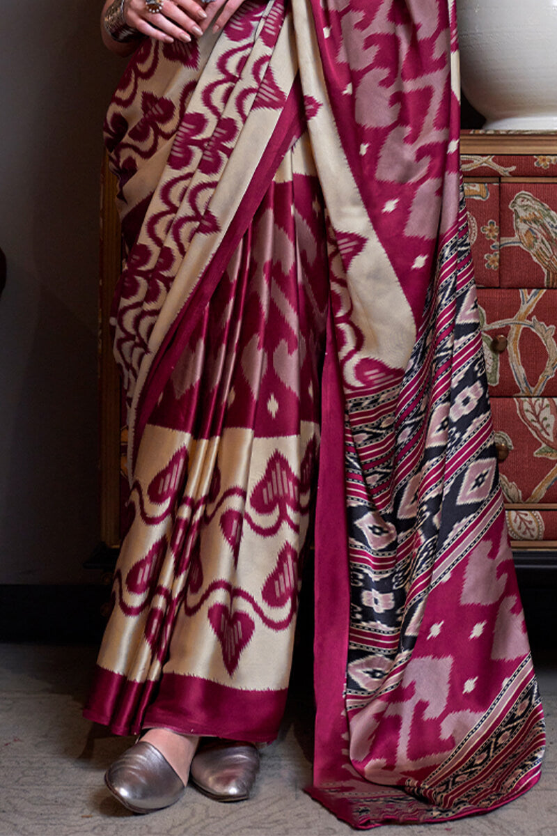 Mulberry Wine Patola Printed Satin Crepe Silk Saree
