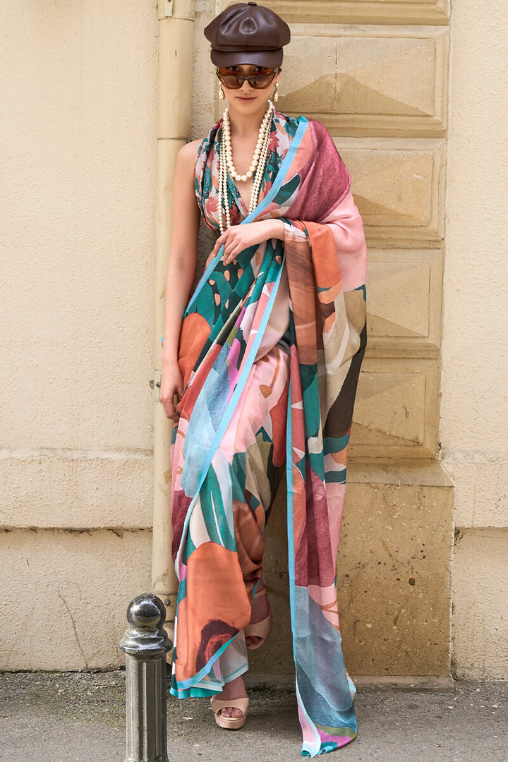 Multi color Printed Satin Georgette Silk Saree