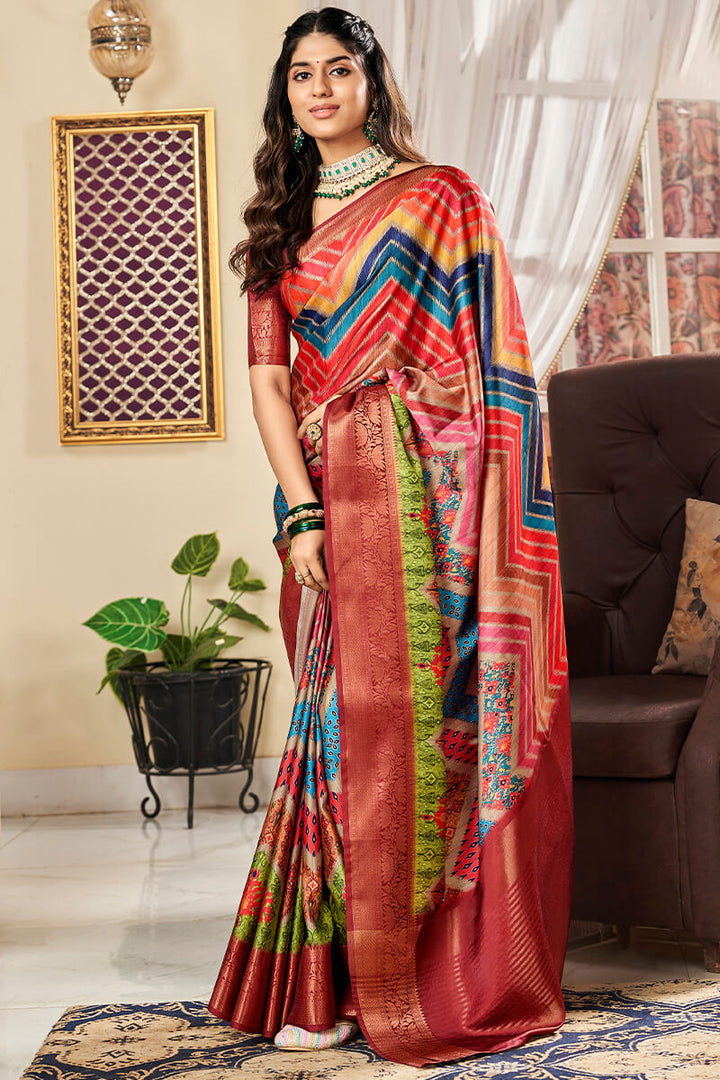 Multicolor Printed Pure Satin Silk Saree