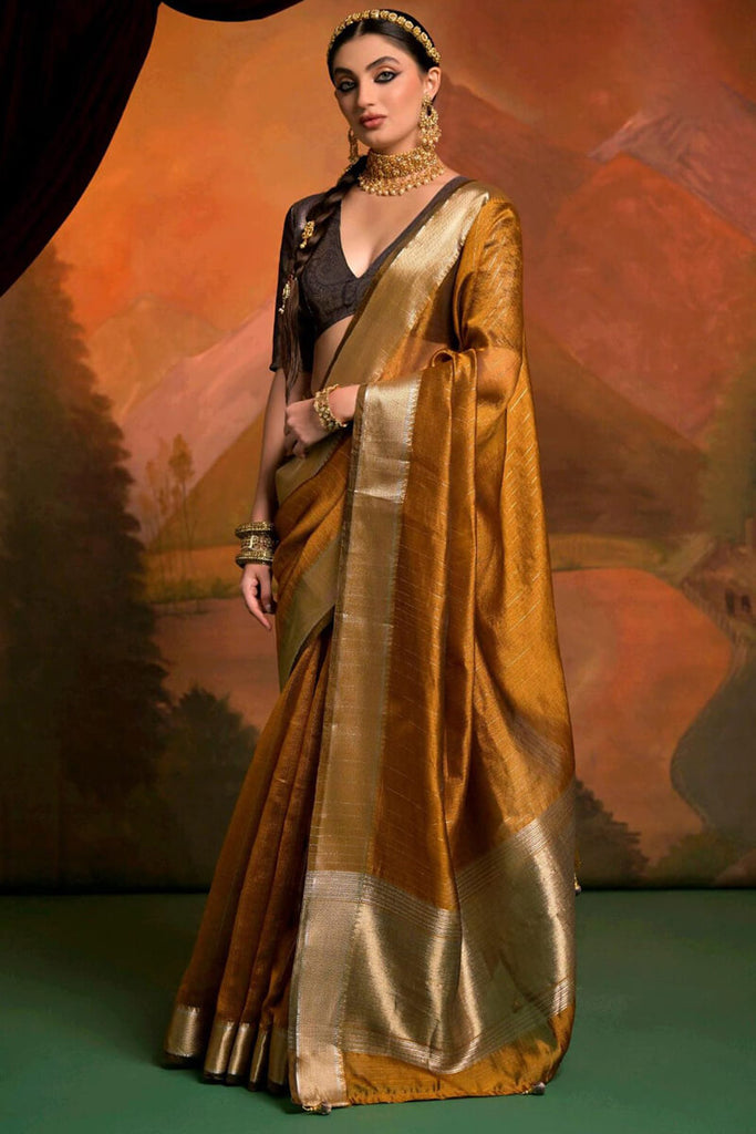 Mustard Brown Zari Woven Banarasi Silk Saree
