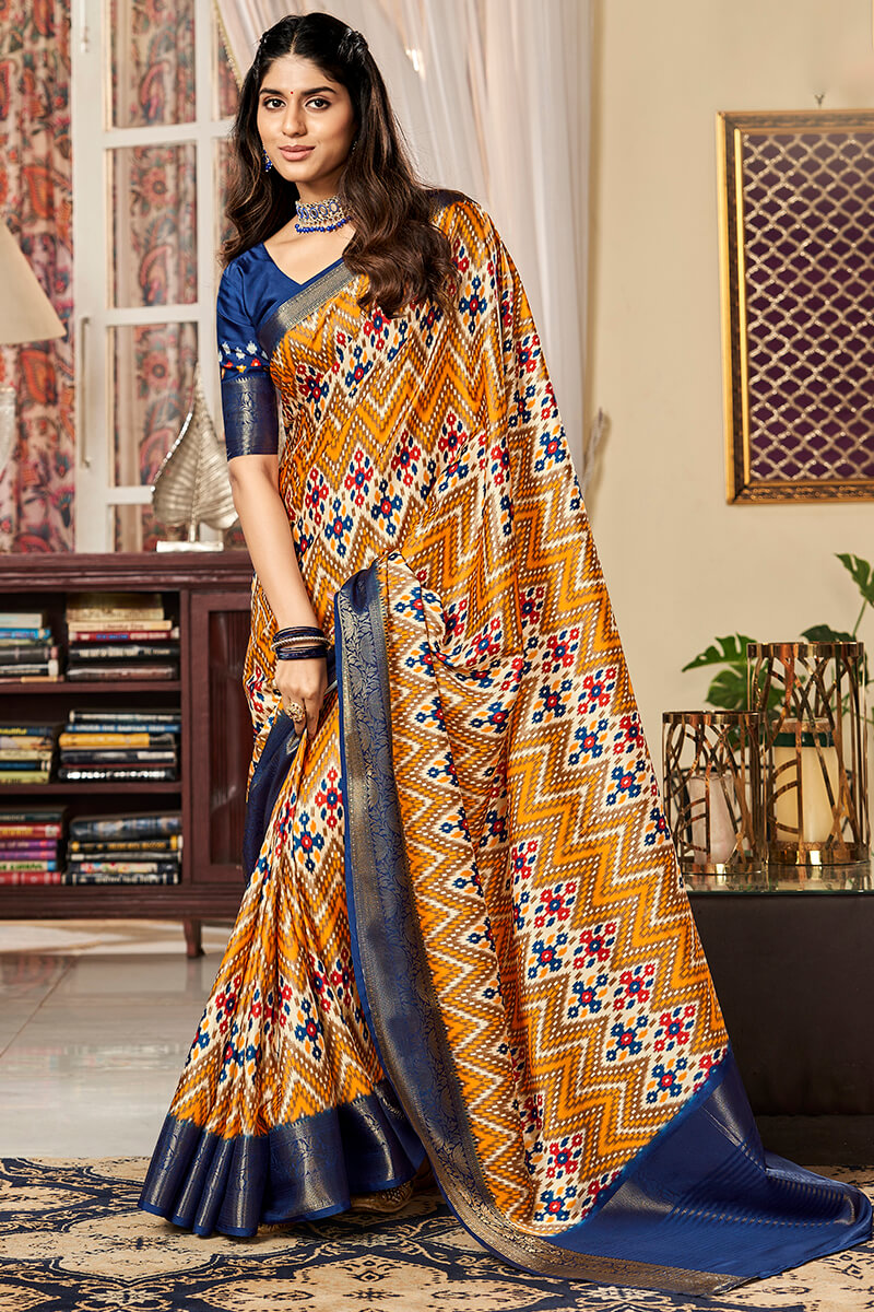 Mustard Yellow Printed Satin Silk Saree