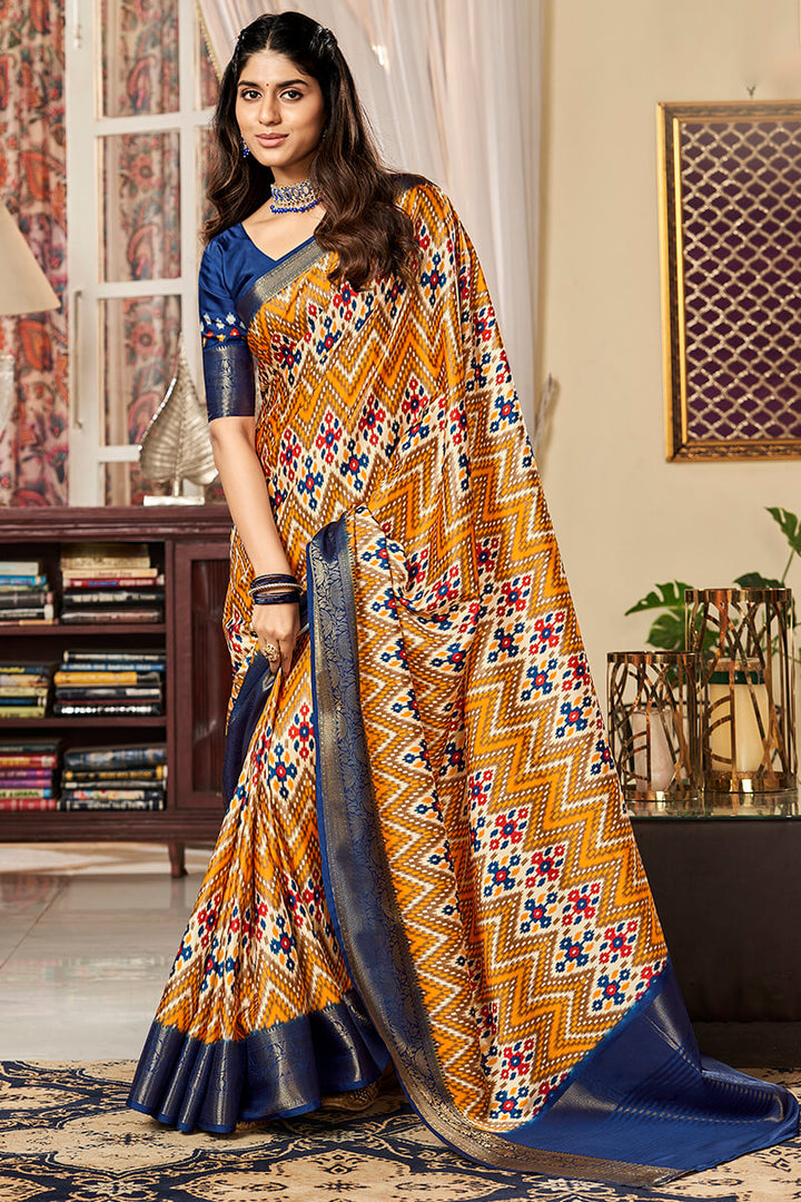 Mustard Yellow Printed Satin Silk Saree