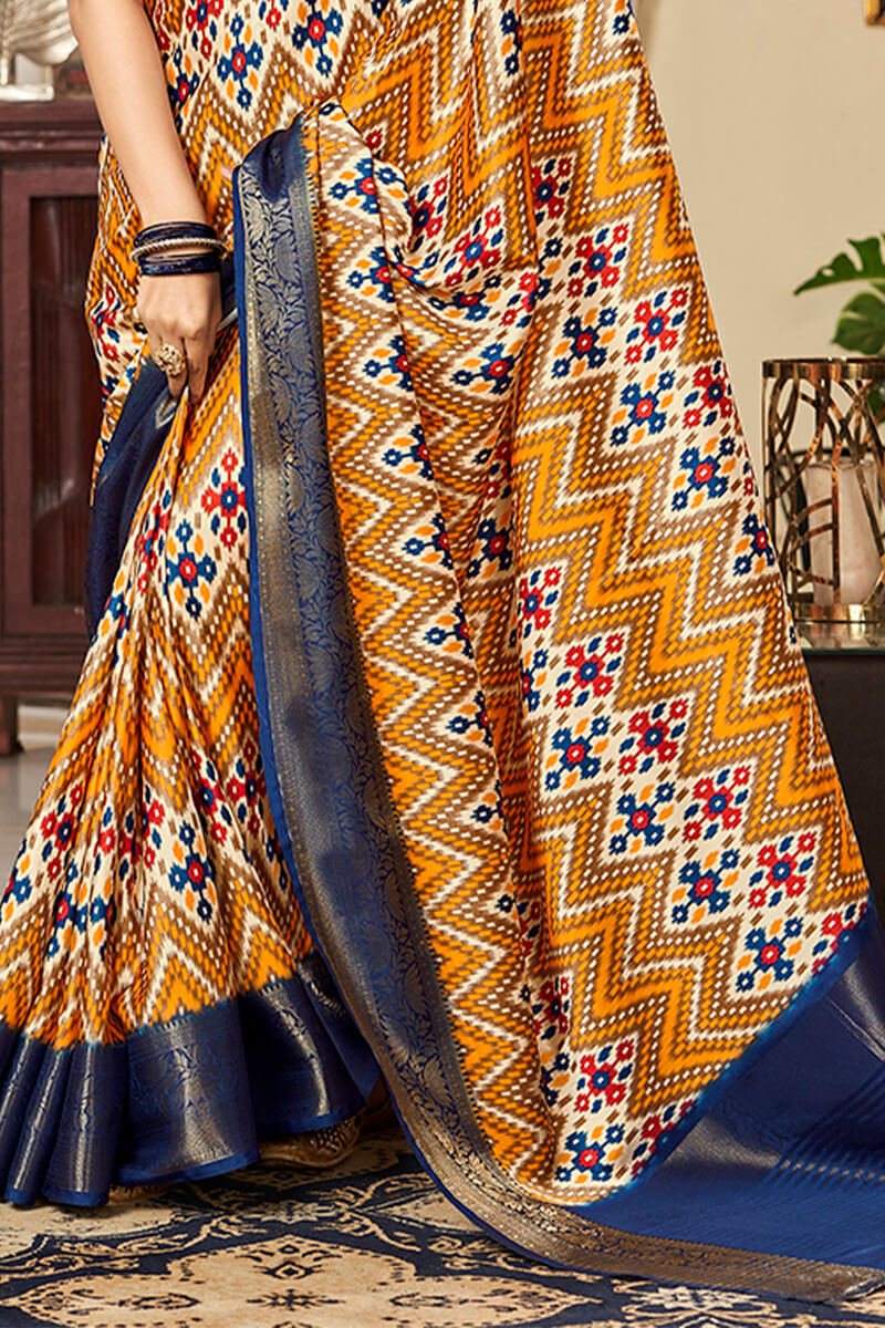 Mustard Yellow Printed Satin Silk Saree