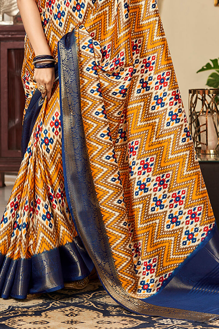 Mustard Yellow Printed Satin Silk Saree