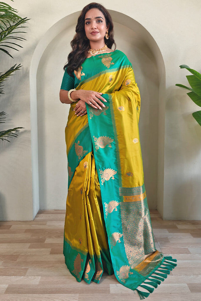 Mustard Yellow Soft Banarasi Silk Saree With Chaap Border