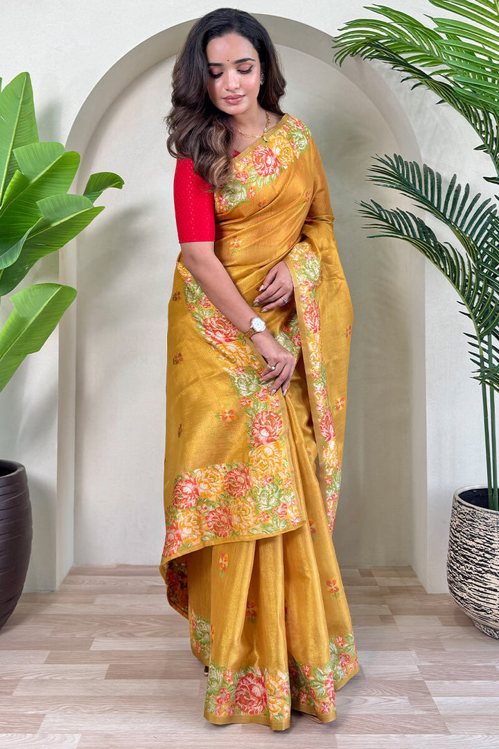 Mustard Yellow Tissue Silk Saree