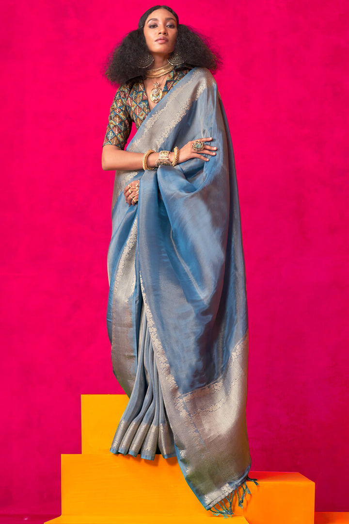 Muted Blue Tissue Silk Saree With Embroidery Blouse Piece