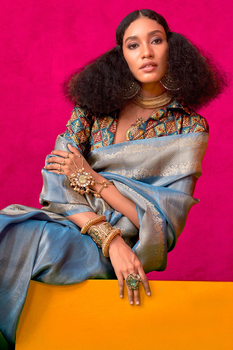 Muted Blue Tissue Silk Saree With Embroidery Blouse Piece