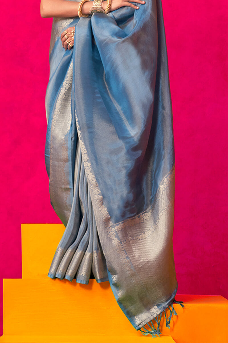Muted Blue Tissue Silk Saree With Embroidery Blouse Piece