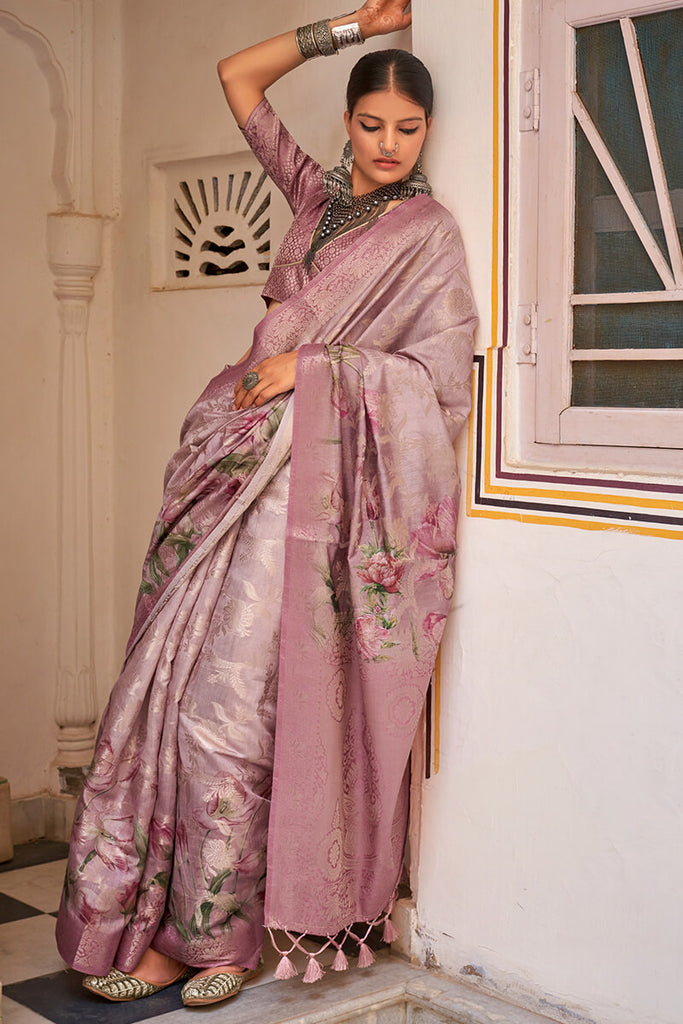 Muted Lavender Zari Woven Digital Printed Soft Cotton Silk Saree