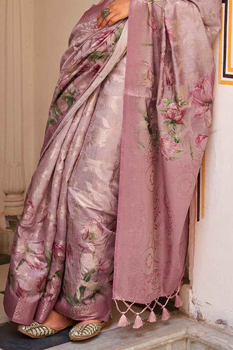 Muted Lavender Zari Woven Digital Printed Soft Cotton Silk Saree