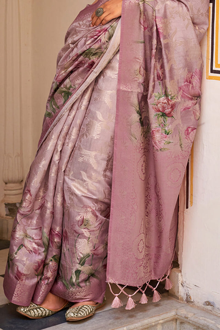 Muted Lavender Zari Woven Digital Printed Soft Cotton Silk Saree
