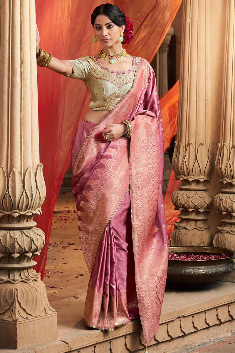 Muted Pink Banarasi Satin Silk Saree with Embroidery Blouse