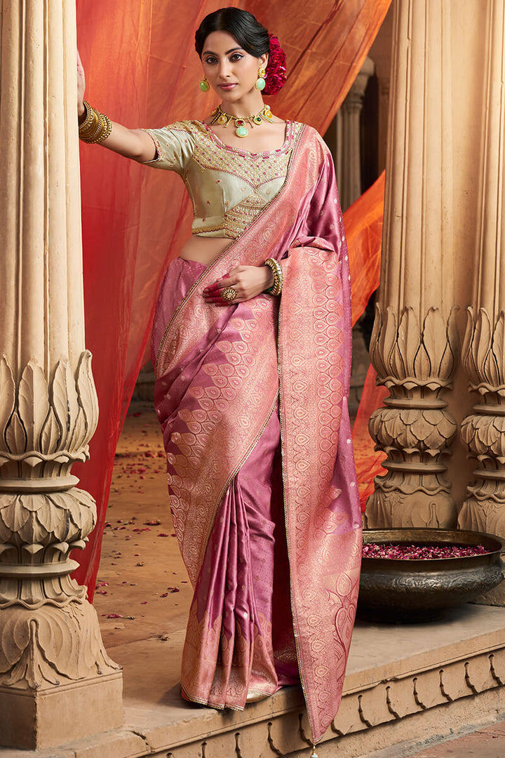 Muted Pink Banarasi Satin Silk Saree with Embroidery Blouse