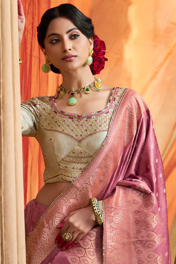 Muted Pink Banarasi Satin Silk Saree with Embroidery Blouse