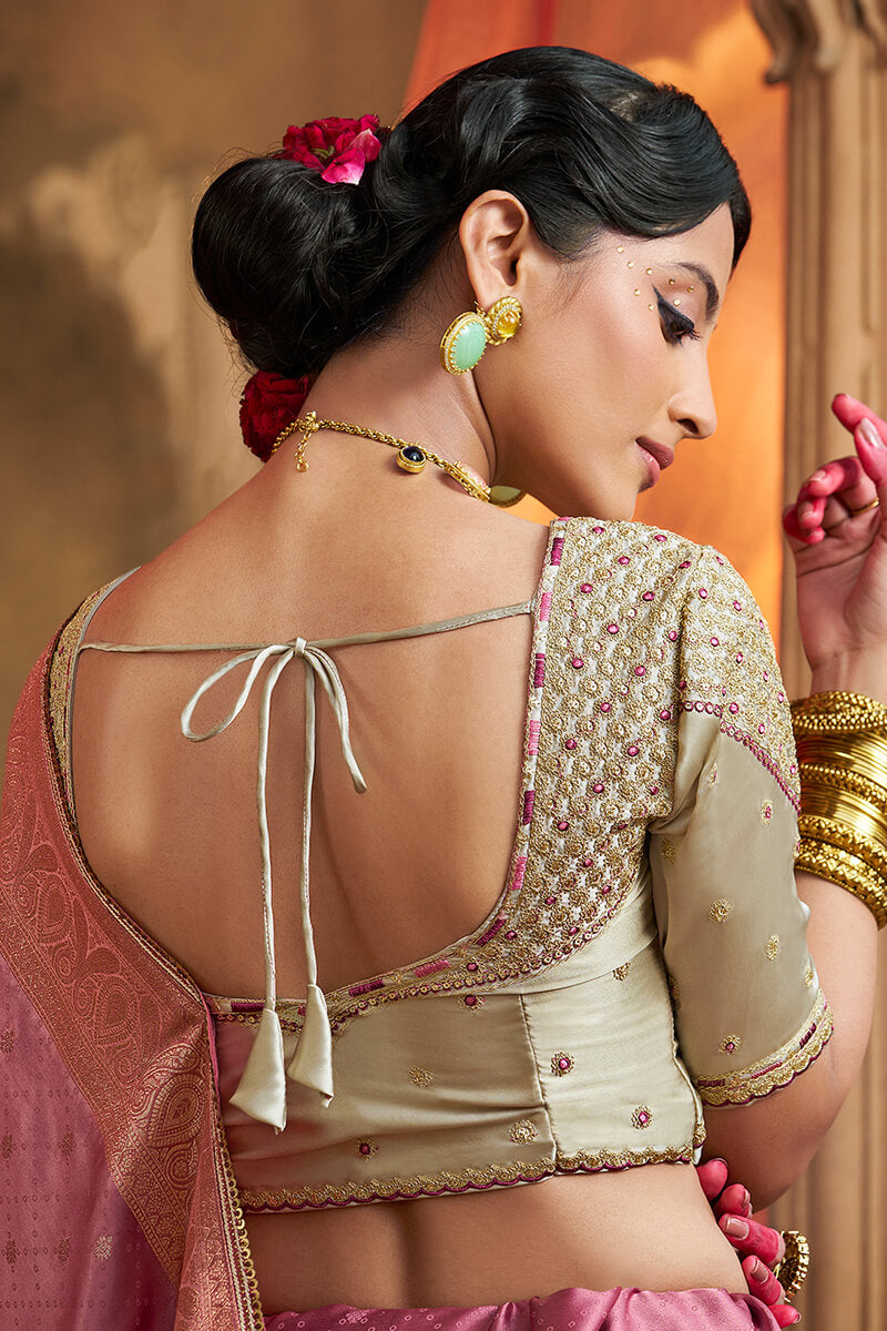 Muted Pink Banarasi Satin Silk Saree with Embroidery Blouse