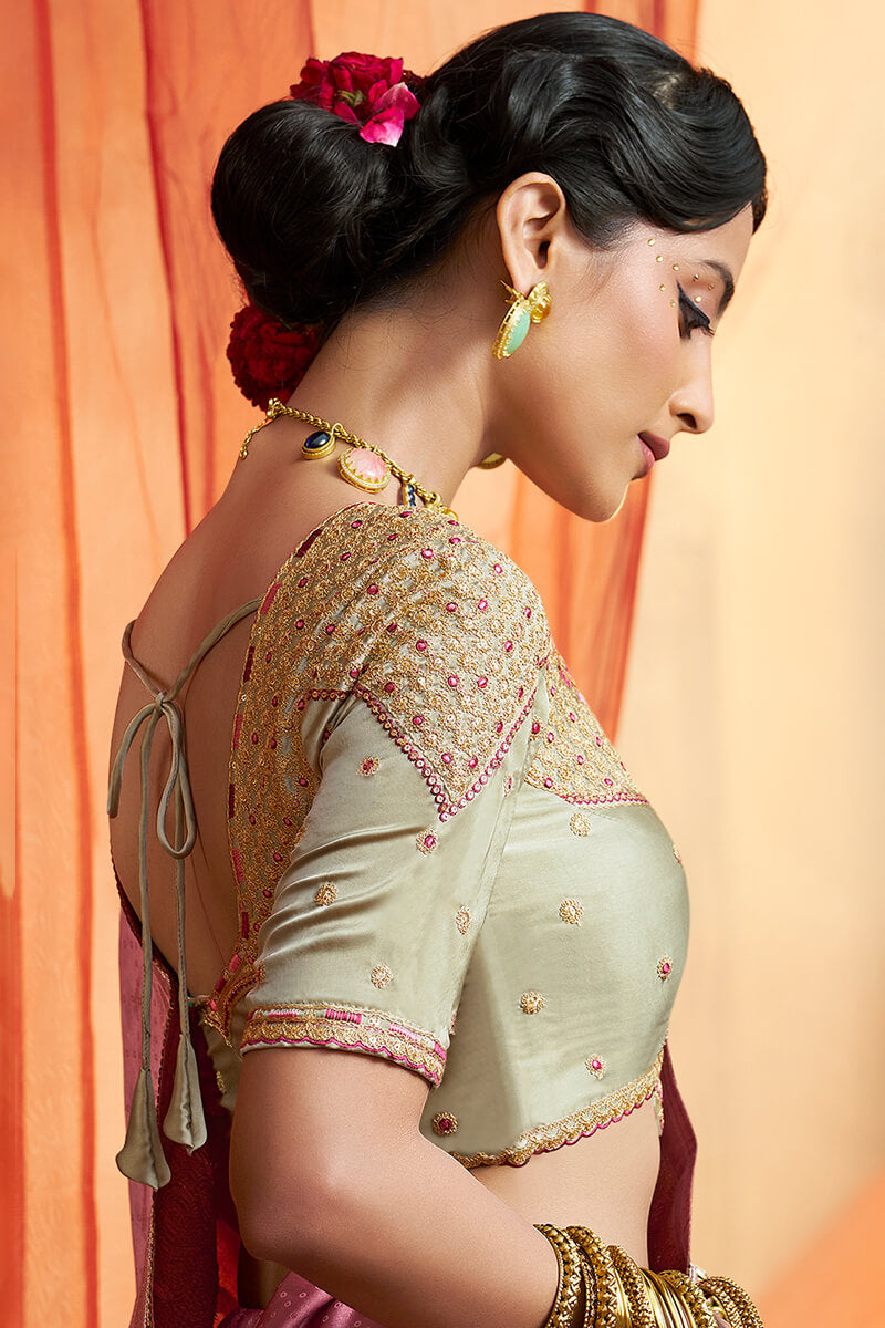 Muted Pink Banarasi Satin Silk Saree with Embroidery Blouse