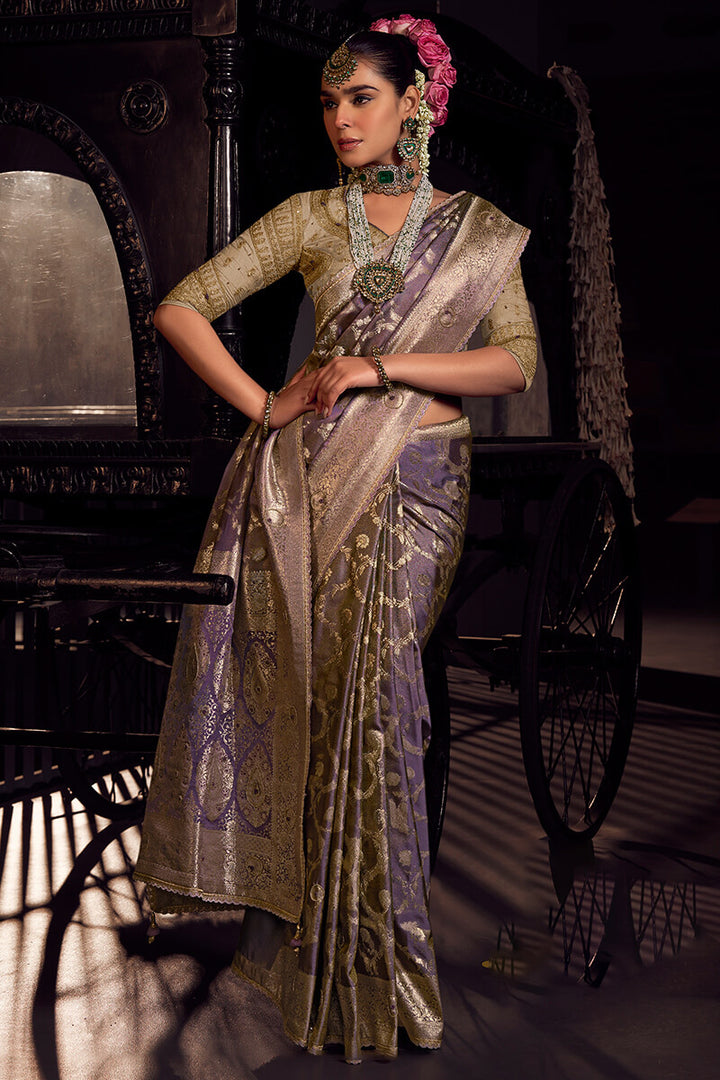 Muted Purple Pure Viscose Tissue Silk Hand Worked Saree