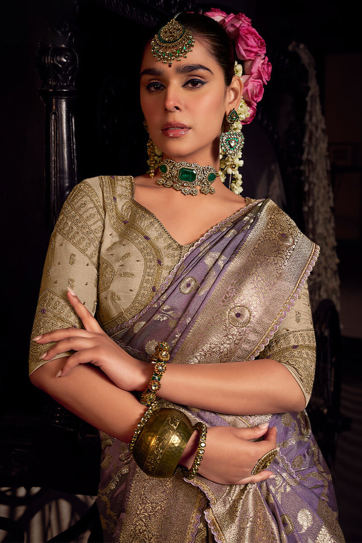 Muted Purple Pure Viscose Tissue Silk Hand Worked Saree