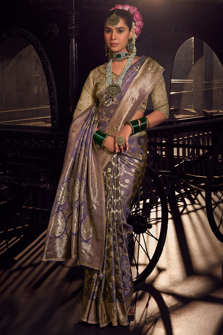 Muted Purple Pure Viscose Tissue Silk Hand Worked Saree