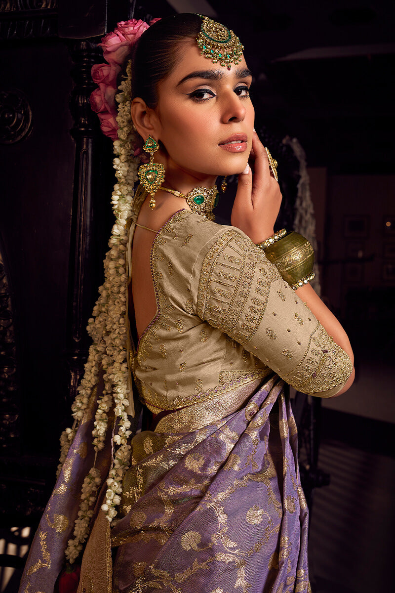 Muted Purple Pure Viscose Tissue Silk Hand Worked Saree