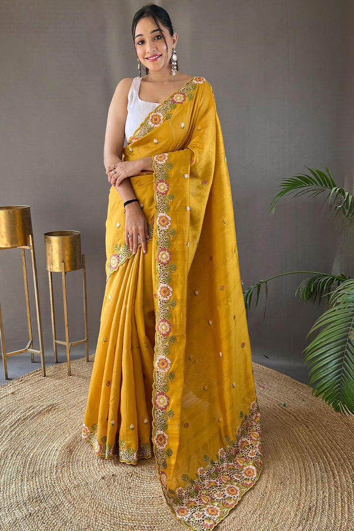 Naples Yellow Embroidered Work Tussar Silk Saree
