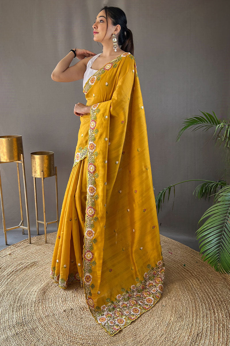 Naples Yellow Embroidered Work Tussar Silk Saree
