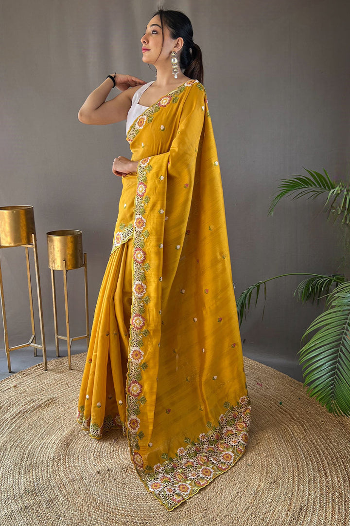 Naples Yellow Embroidered Work Tussar Silk Saree