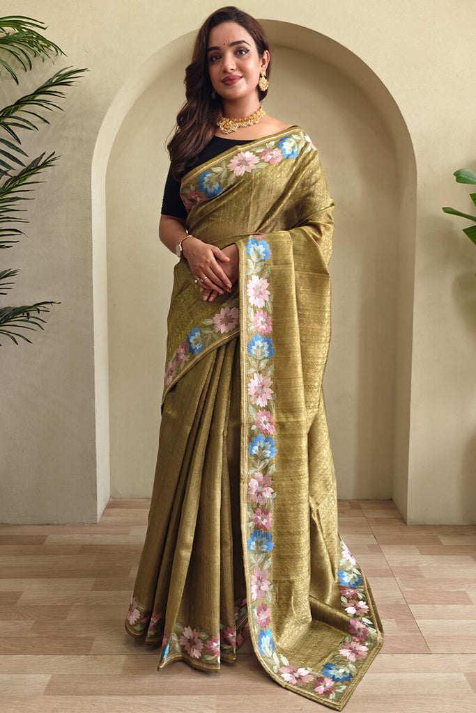 Oak Brown Contrast Color Embroidered Tussar Silk Saree