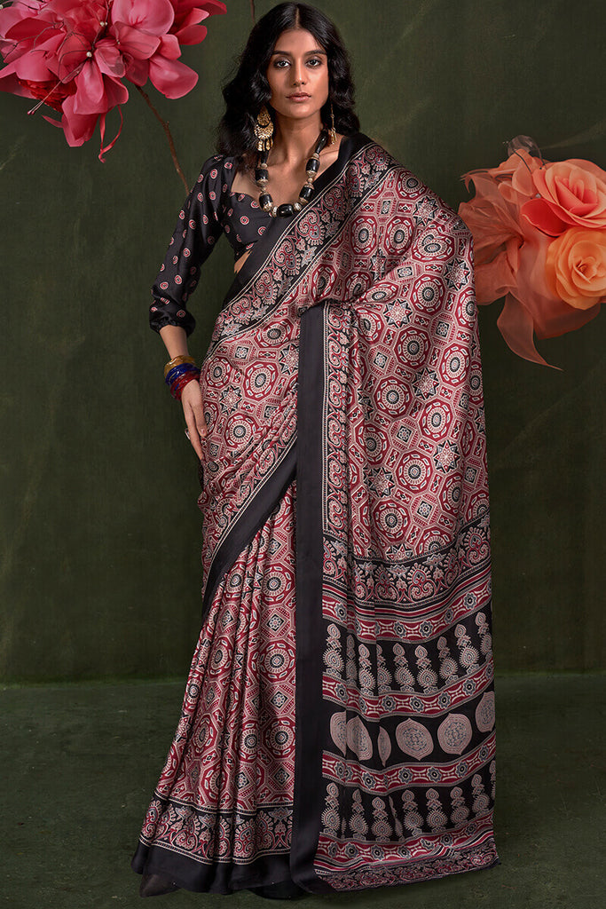 Oak Maroon Ajrakh Printed Satin Silk Saree