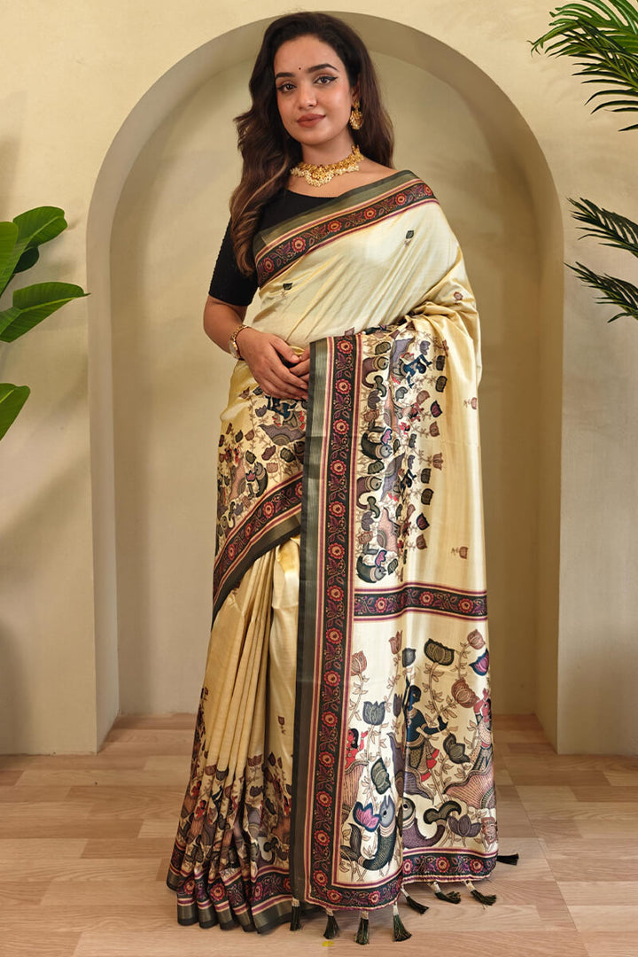 Oasis Beige Kalamkari Digital Printed Pure Dola Viscos saree