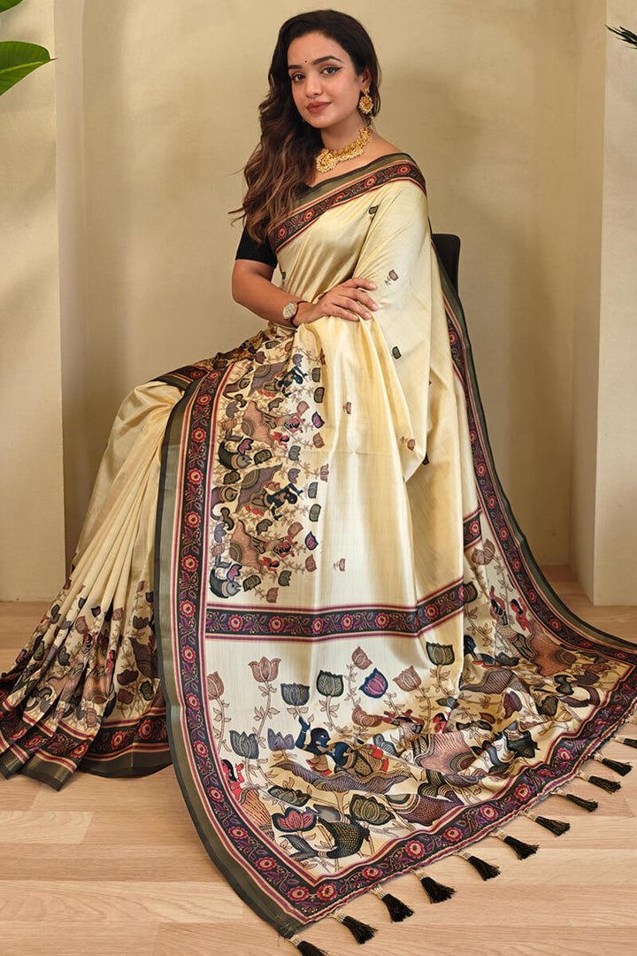 Oasis Beige Kalamkari Digital Printed Pure Dola Viscos saree