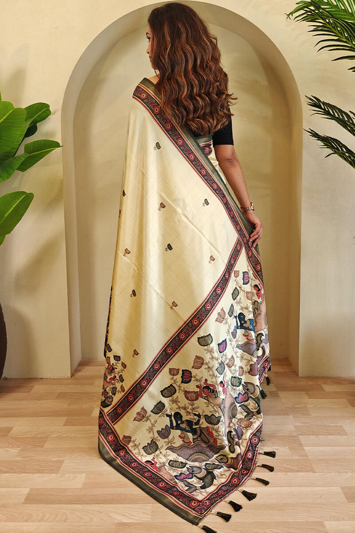 Oasis Beige Kalamkari Digital Printed Pure Dola Viscos saree