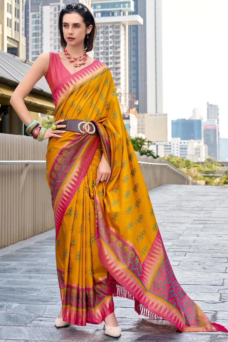 Ochre Yellow Soft Banarasi Silk Saree