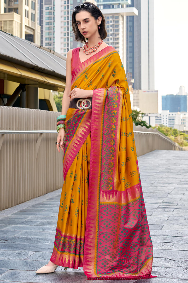 Ochre Yellow Soft Banarasi Silk Saree