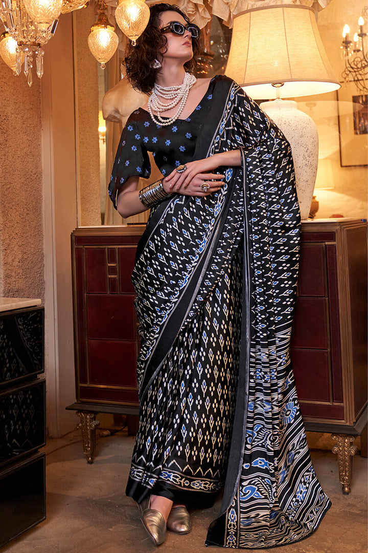 Oil Black Patola Printed Satin Crepe Silk Saree