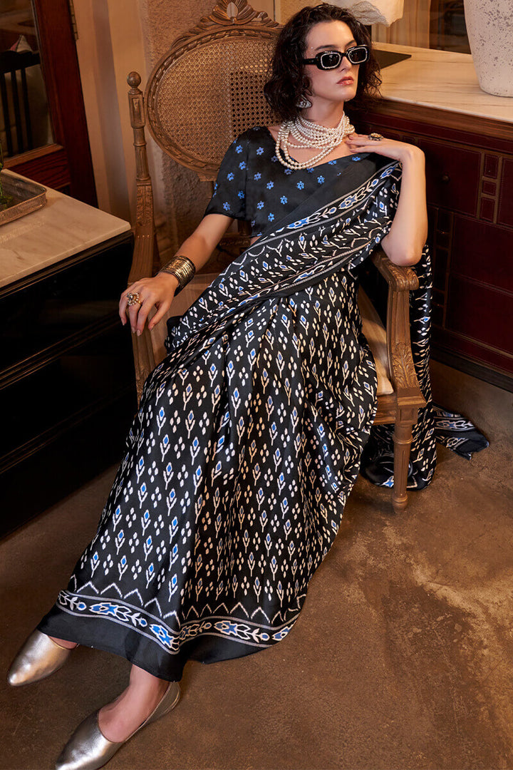 Oil Black Patola Printed Satin Crepe Silk Saree
