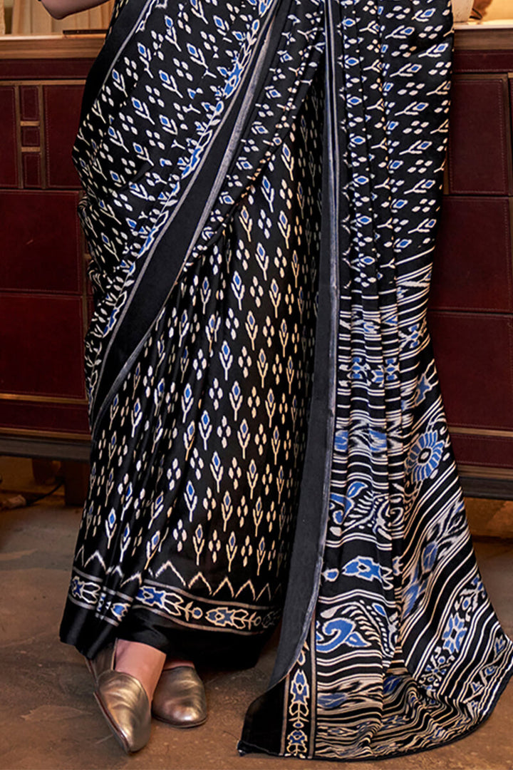 Oil Black Patola Printed Satin Crepe Silk Saree