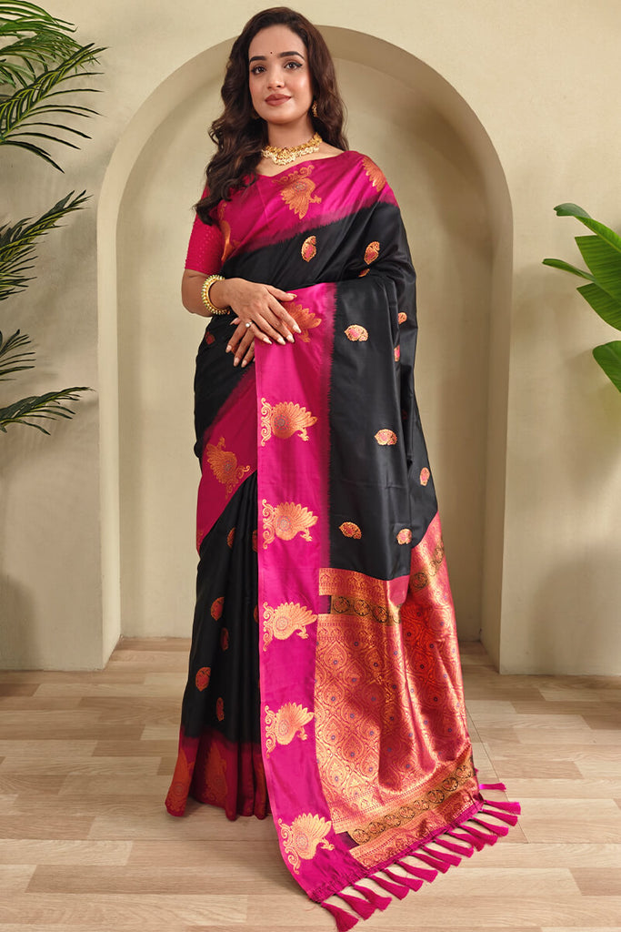 Oil Black Soft Banarasi Silk Saree With Chaap Border
