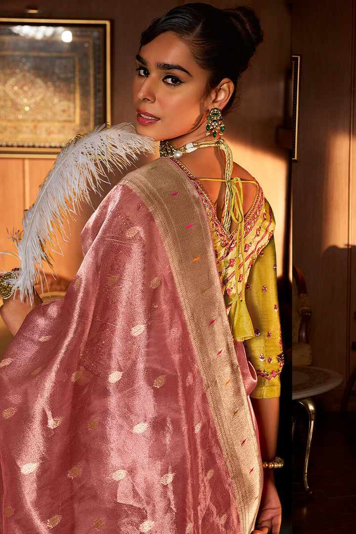 Old Pink Paithani Tissue Silk Saree With Embroidery Blouse