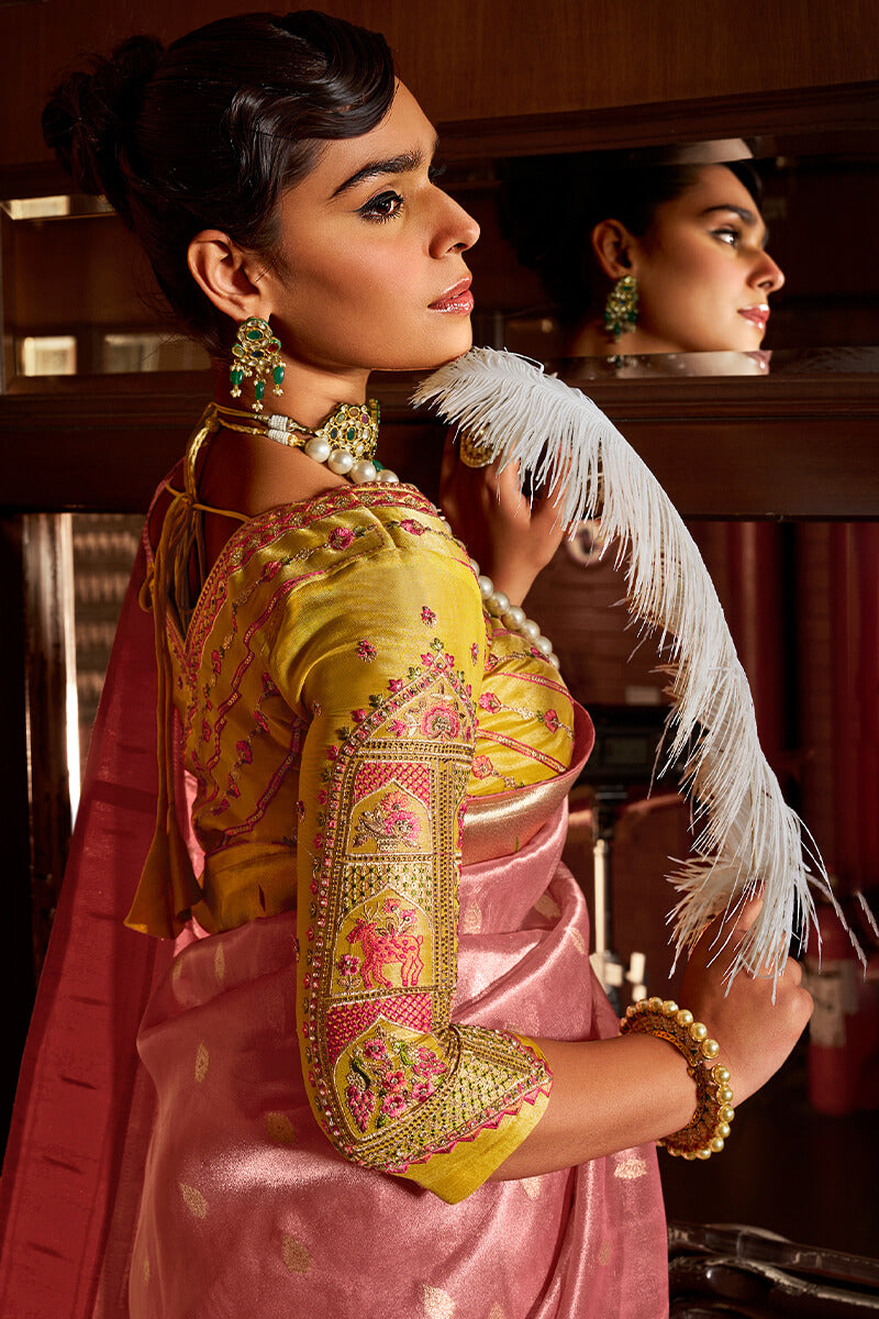 Old Pink Paithani Tissue Silk Saree With Embroidery Blouse