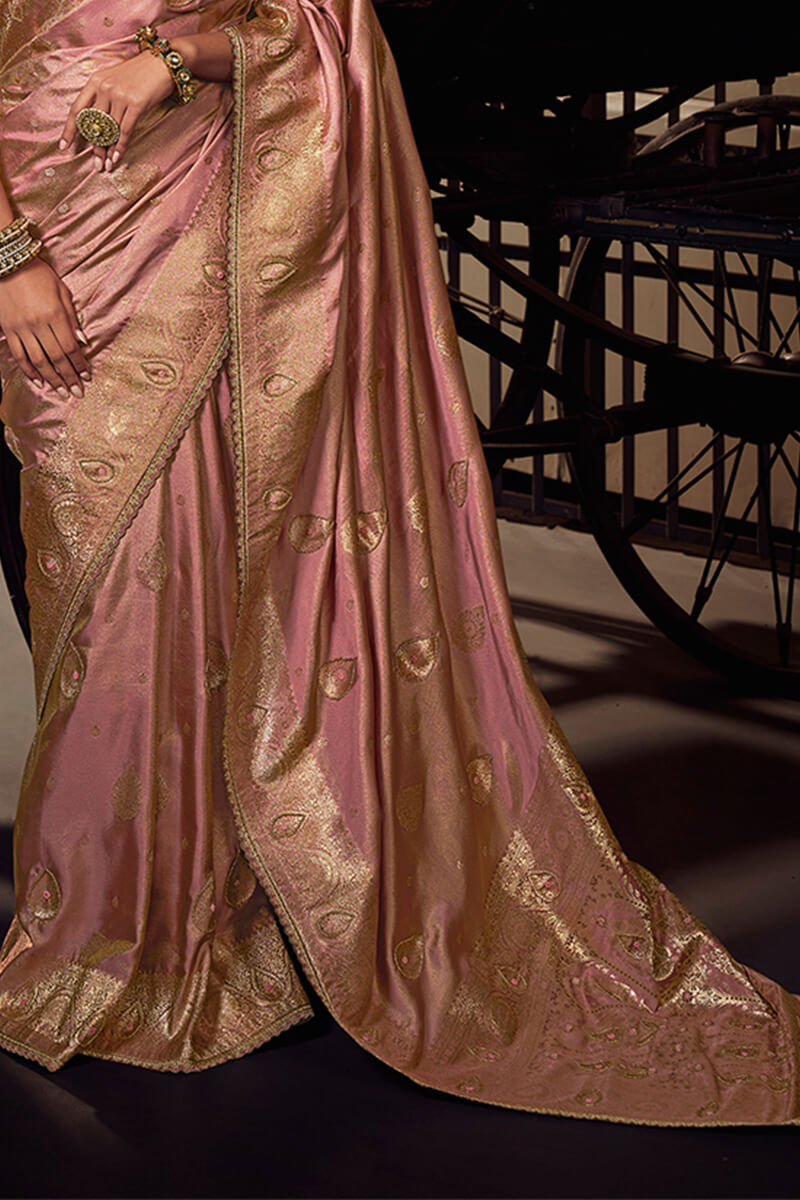 Old Rose Pink Pure Viscose Tissue Silk Hand Worked Saree