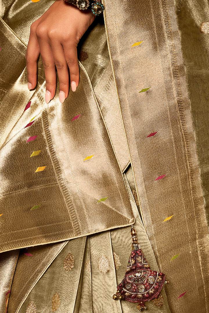 Olive Green Paithani Tissue Silk Saree With Embroidery Blouse